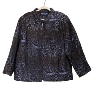 Susan Graver Womens 3X Black/Purple Paisley Full Zip Pockets Office Wear Jacket